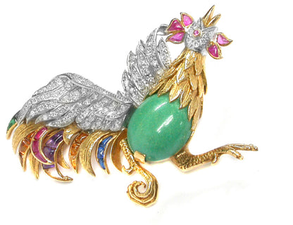 14k Yellow Gold 0.75ct Diamond Multi Color Stone Turquoise Cock Pin