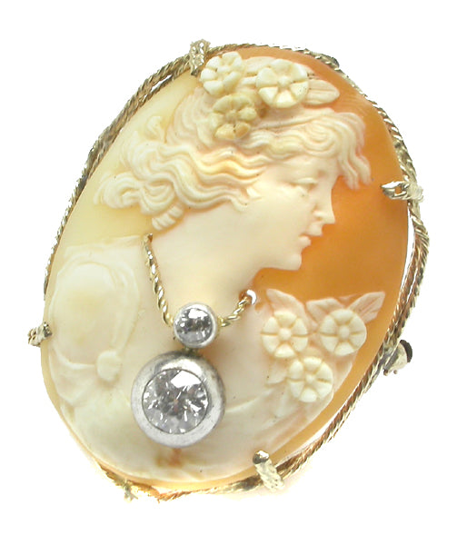 14k Yellow Gold Diamond Victorian Cameo Pin