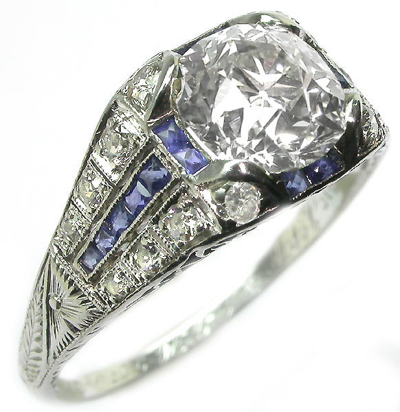 1.50ct Art Deco Platinum Diamond and Sapphire Engagement Ring