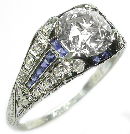 1.50ct Art Deco Platinum Diamond and Sapphire Engagement Ring
