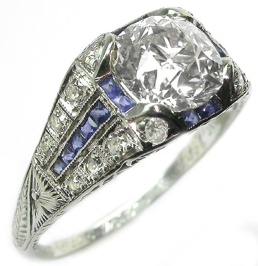 1.50ct Art Deco Platinum Diamond and Sapphire Engagement Ring