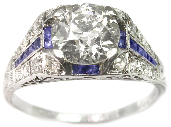 1.50ct Art Deco Platinum Diamond and Sapphire Engagement Ring