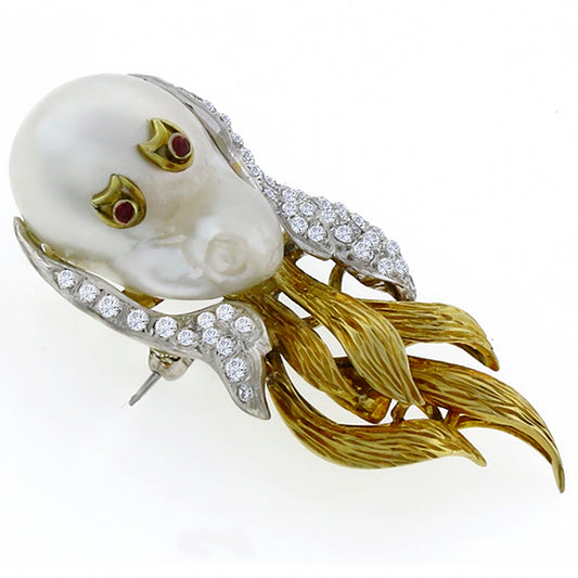 1.50ct Diamond Ruby Baroque Pearl  Dog Pin