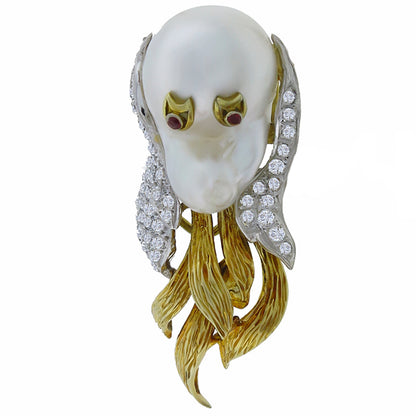 1.50ct Diamond Ruby Baroque Pearl  Dog Pin