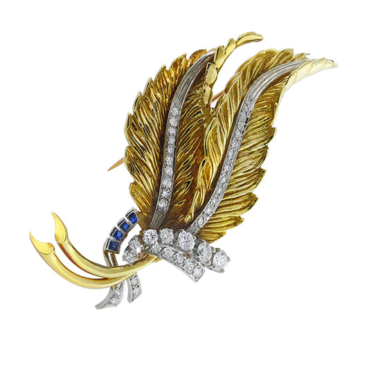 1.50ct Diamond Sapphire  Gold Fern Leaf  Pin