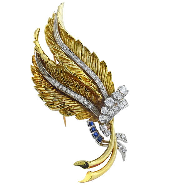 1.50ct Diamond Sapphire  Gold Fern Leaf  Pin