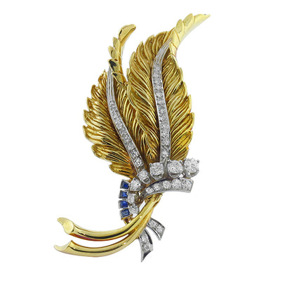 1.50ct Diamond Sapphire  Gold Fern Leaf  Pin