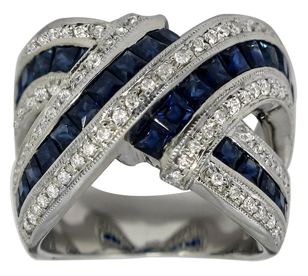 1.50ct Sapphire 0.75ct Diamond Gold Crossover Ring