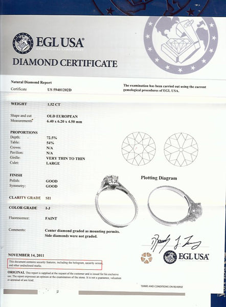 1.52ct Old European Diamond Platinum Engagement Ring