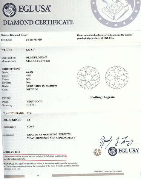 EGL 1.53ct Diamond Platinum  Engagement Ring