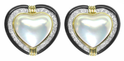 1.68ct Diamond Onyx Pearl Heart 18k Yellow Gold Earrings