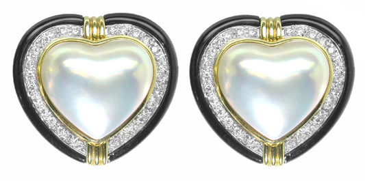 1.68ct Diamond Onyx Pearl Heart 18k Yellow Gold Earrings
