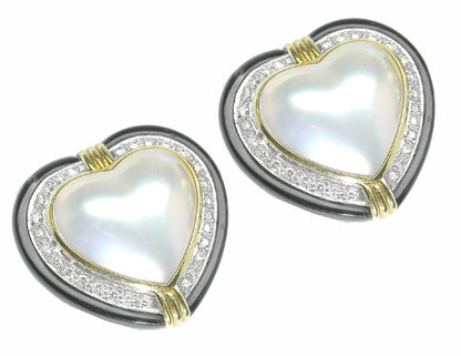 1.68ct Diamond Onyx Pearl Heart 18k Yellow Gold Earrings
