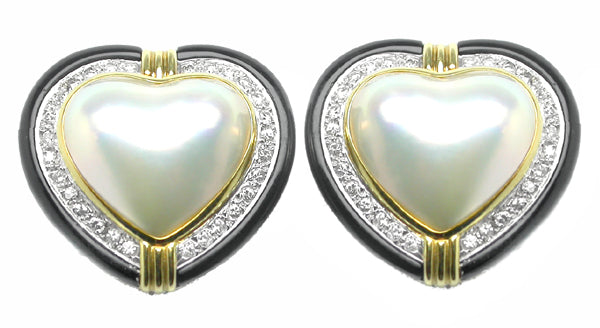 1.68ct Diamond Onyx Pearl Heart 18k Yellow Gold Earrings