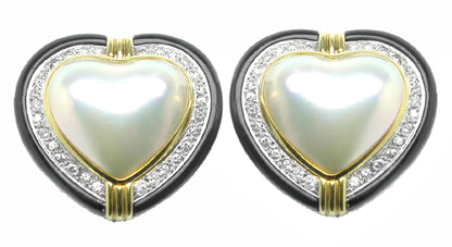 1.68ct Diamond Onyx Pearl Heart 18k Yellow Gold Earrings