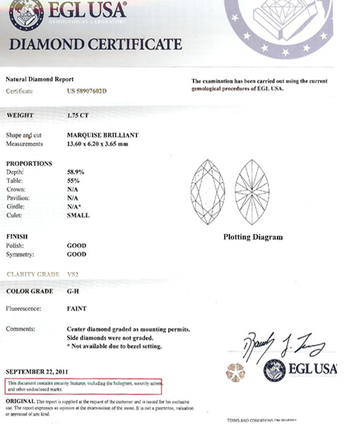 1.75ct Marquise Diamond  Platinum Ring