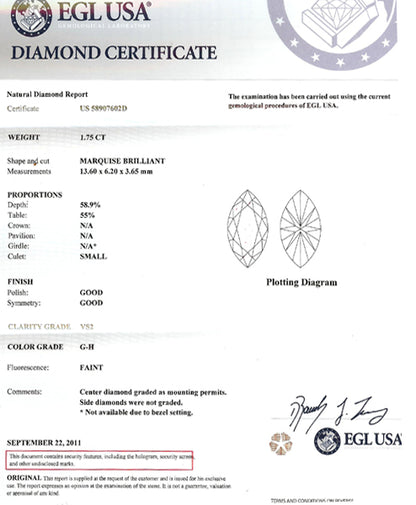 1.75ct Marquise Diamond  Platinum Ring