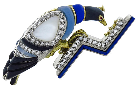 1.80ct Diamond Chalcedony Mother of Pearl Onyx Lapis Pin