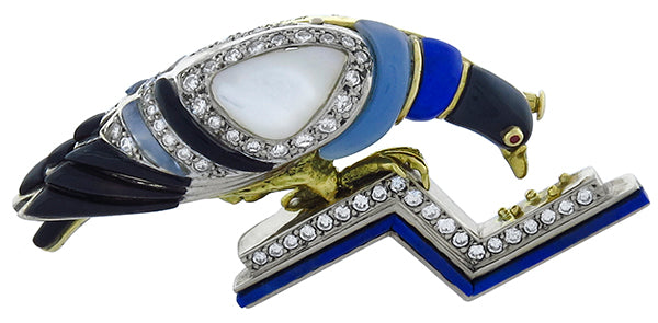 1.80ct Diamond Chalcedony Mother of Pearl Onyx Lapis Pin