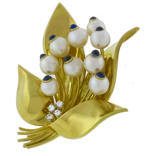 1.80ct  Sappire Pearl Gold Floral Pin
