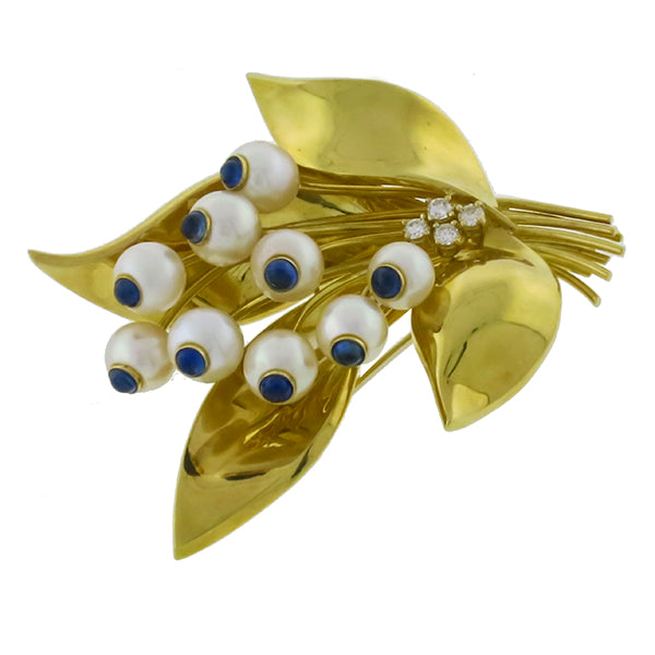 1.80ct  Sappire Pearl Gold Floral Pin