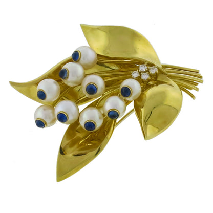 1.80ct  Sappire Pearl Gold Floral Pin