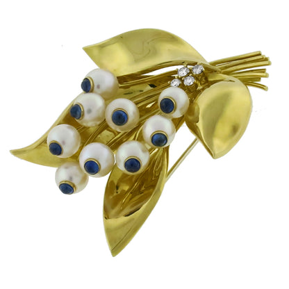 1.80ct  Sappire Pearl Gold Floral Pin