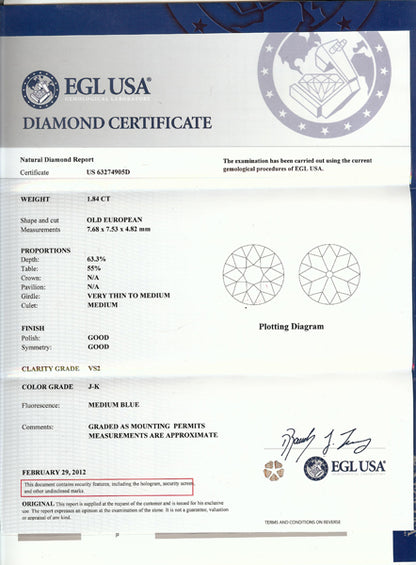 1.84ct Old European  DiamondPlatinum Enegagement Ring