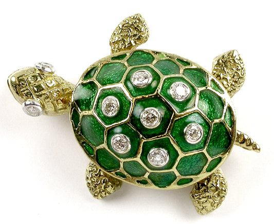 18K Gold Enamel Turtle Pin w/ Diamonds