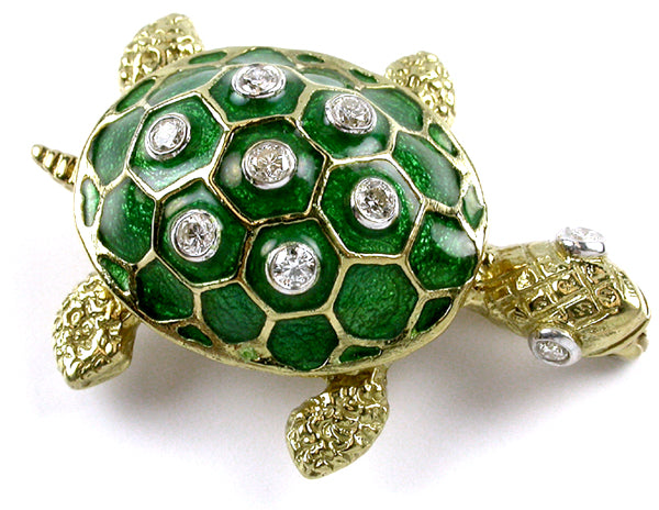 18K Gold Enamel Turtle Pin w/ Diamonds