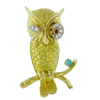 18k Gold Diamond Ruby Emerald  Owl  Pin