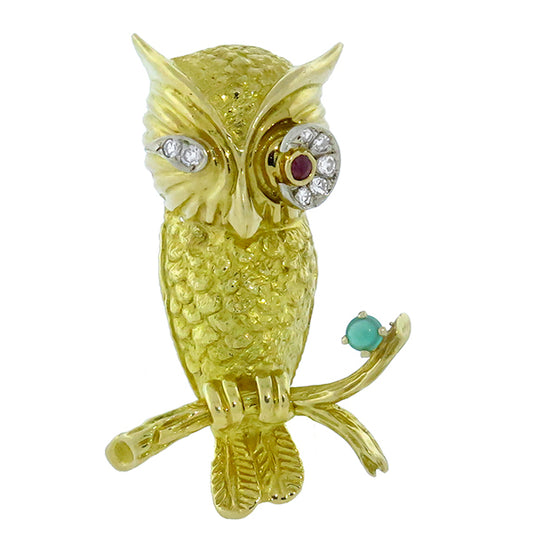 18k Gold Diamond Ruby Emerald  Owl  Pin