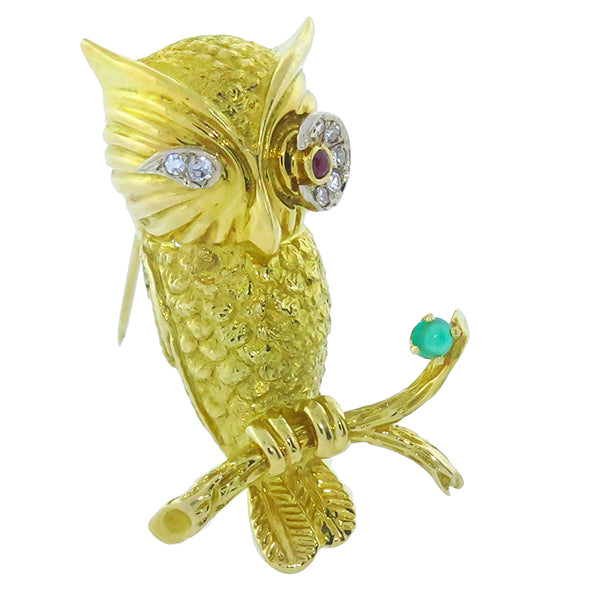 18k Gold Diamond Ruby Emerald  Owl  Pin