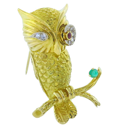 18k Gold Diamond Ruby Emerald  Owl  Pin
