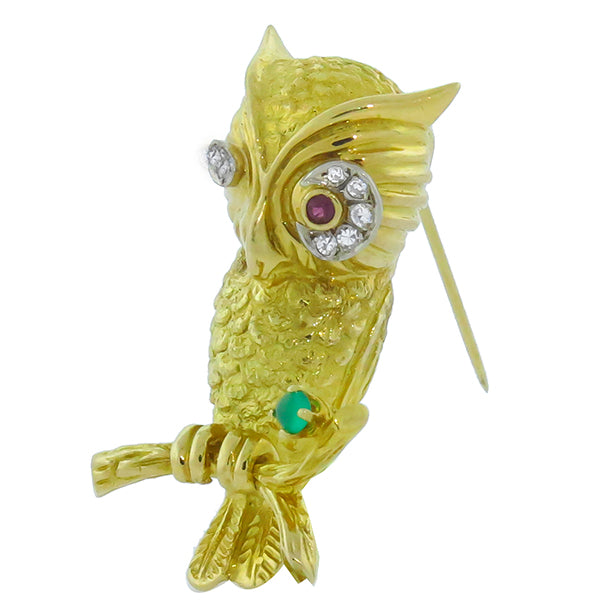 18k Gold Diamond Ruby Emerald  Owl  Pin
