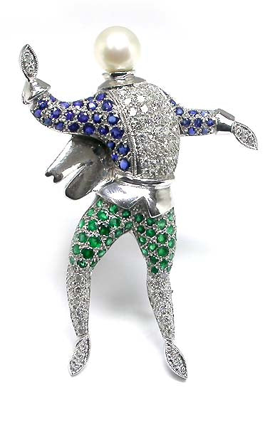 18k White Gold Diamond Sapphire and Emerald Pin