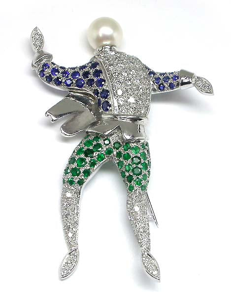 18k White Gold Diamond Sapphire and Emerald Pin