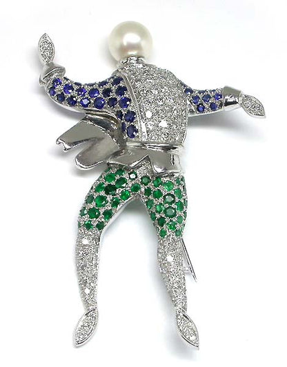 18k White Gold Diamond Sapphire and Emerald Pin