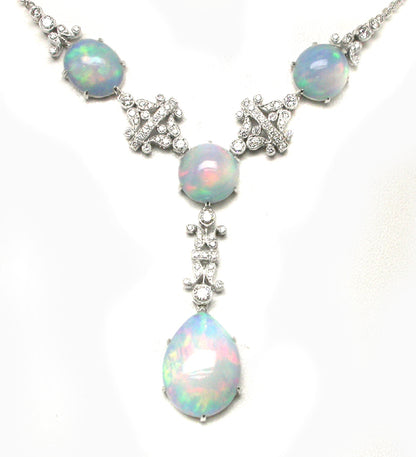18k White Gold Diamond and White Opal Necklace