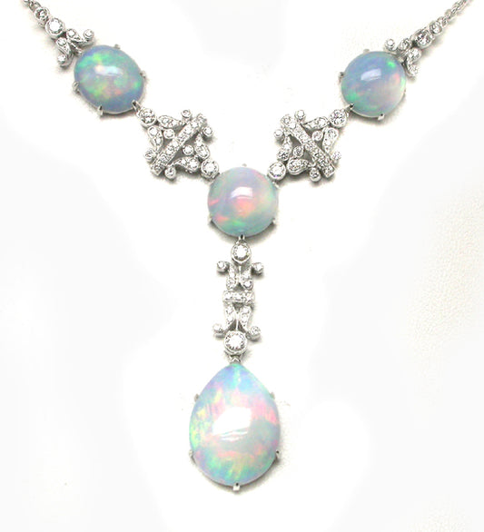 18k White Gold Diamond and White Opal Necklace