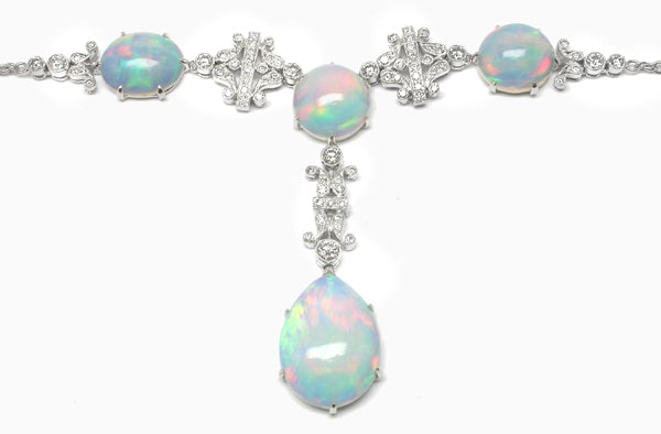 18k White Gold Diamond and White Opal Necklace