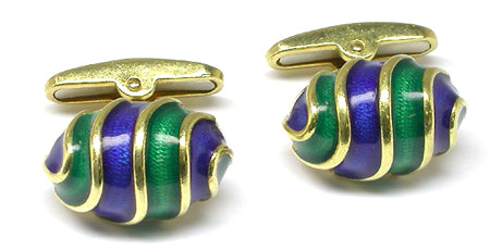 18k Yellow Gold Blue and Green Enamel Cocoon Cufflinks
