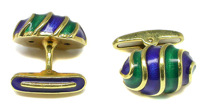 18k Yellow Gold Blue and Green Enamel Cocoon Cufflinks