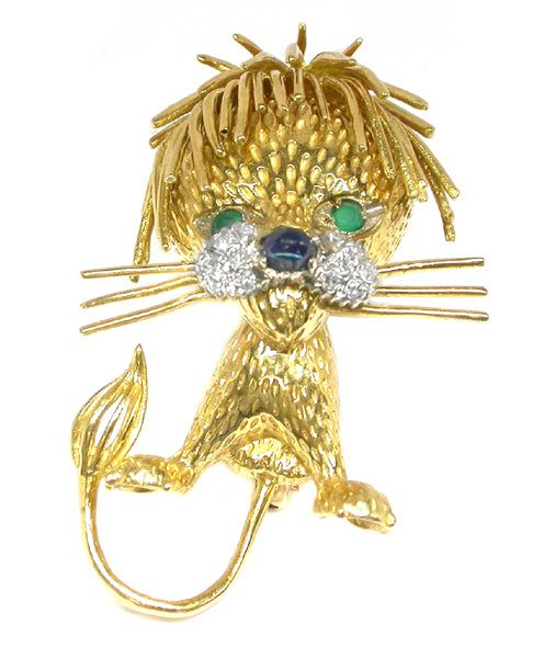 18k Yellow Gold Diamond Emerald Sapphire  Lion Pin