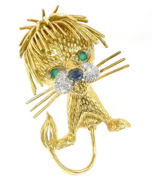 18k Yellow Gold Diamond Emerald Sapphire  Lion Pin