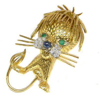 18k Yellow Gold Diamond Emerald Sapphire  Lion Pin