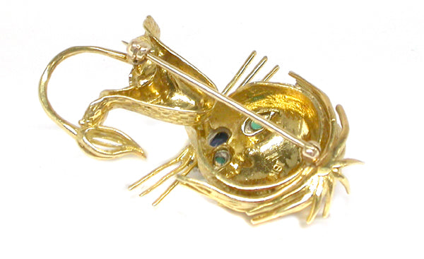 18k Yellow Gold Diamond Emerald Sapphire  Lion Pin