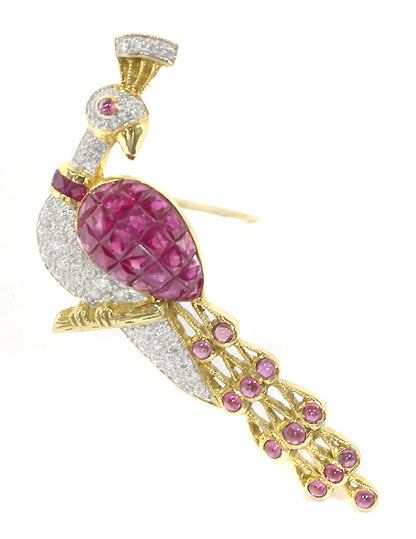 18k Yellow Gold Diamond Ruby Peacock Pin