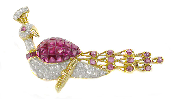 18k Yellow Gold Diamond Ruby Peacock Pin