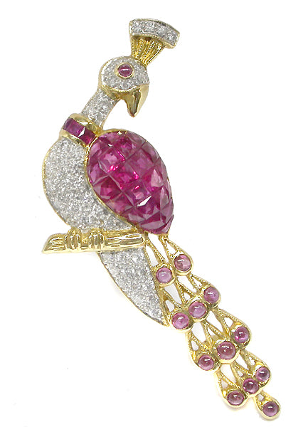 18k Yellow Gold Diamond Ruby Peacock Pin